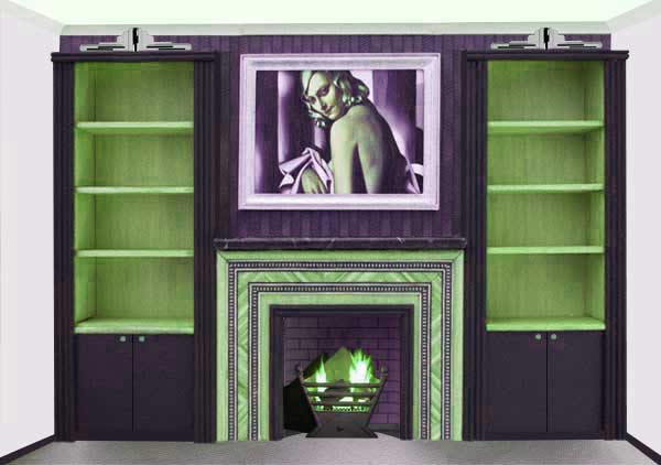 new Art Deco built-in bookcases & fireplace