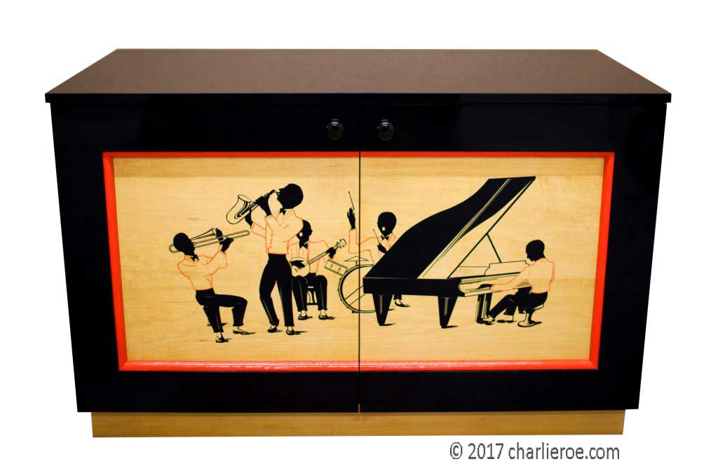New Art Deco Moderne cabinet home office bar drinks cabinet with jazz band silhouettes design door panels