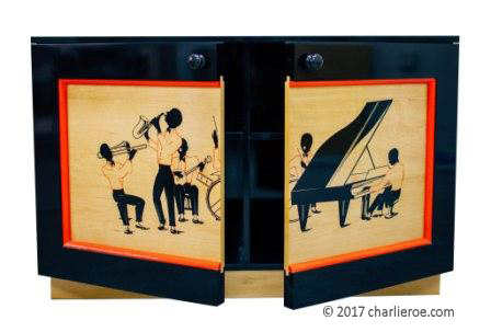 New Art Deco style painted 2 door sideboard cabinet cupboard with Jazz figures on the door panels