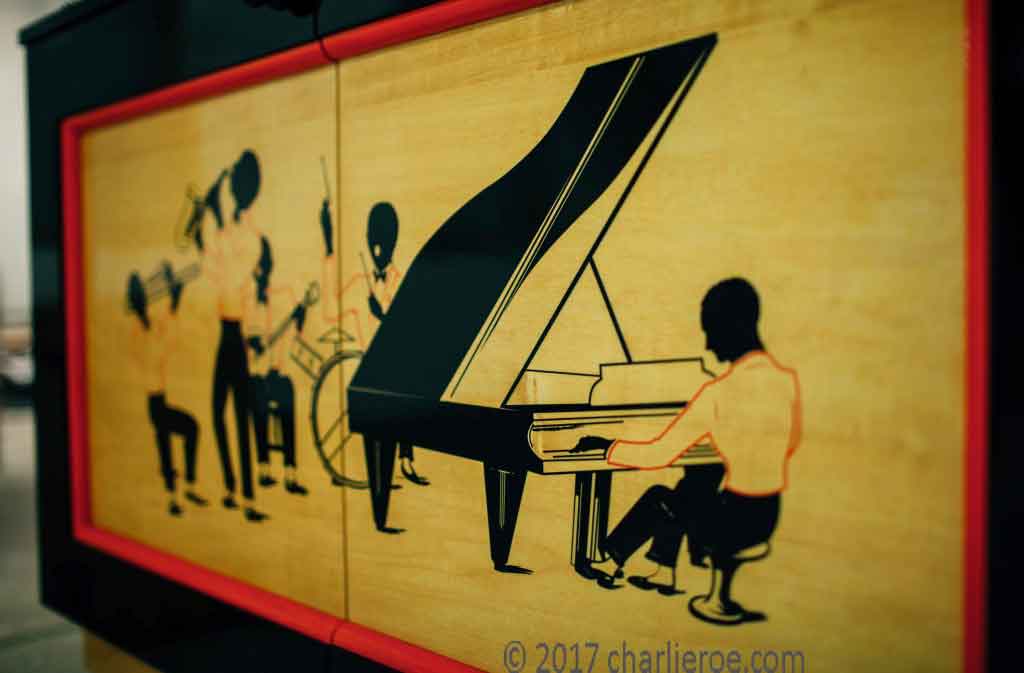 New Art Deco style painted 2 door sideboard cabinet cupboard with Jazz figures on the door panels