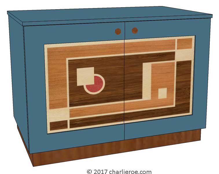New Art Deco painted lacquered 2 door cabinet, cupboard, bar or sideboard with painted Cubist design door panels