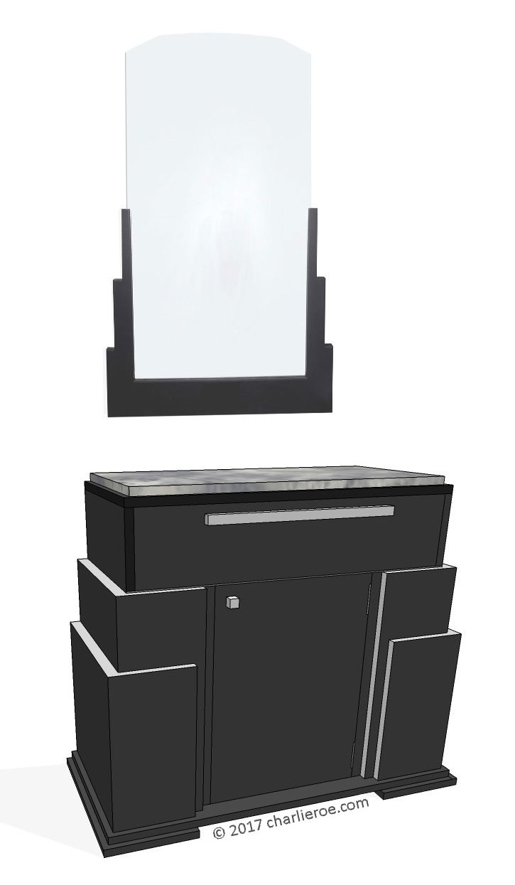 New Art Deco Skyscraper style stepped cabinet cupboard or sideboard, lacquered painted with matching Skyscraper style wall mirror