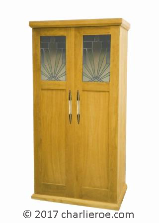 new Art Deco oak 2 door bookcase storage cabinet cupboard with stained glass panels