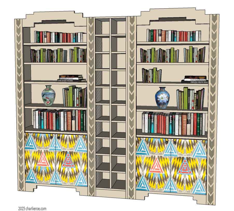 New Charles Rennie CR Mackintosh 3 bay 4 door bookcase with Derngate style ornate decorative painted doors & rails
