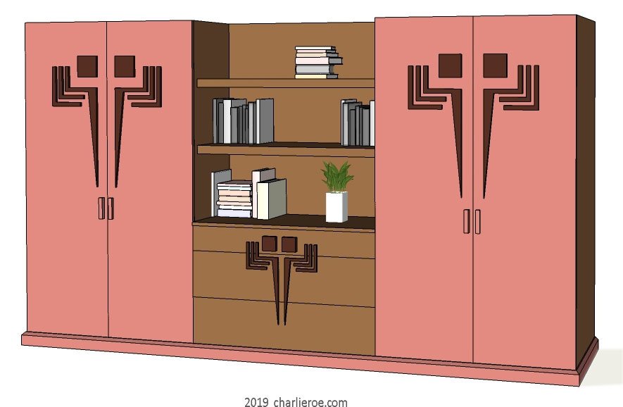 New Frank Lloyd Wright bookcases display cabinets cuboards drinks cabinet with hand painted Cubist design on the doors