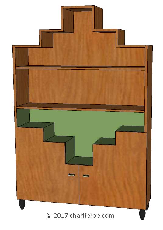 New Paul Frankl Art Deco Skyscraper style wooden 2 door walnut & painted bookcase display cabinet