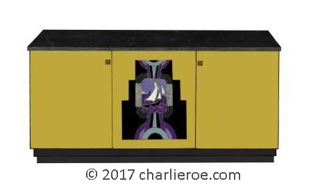 New Art Deco Skyscraper style lacquered 3 door sideboard cabinet cupboard with decorative Jazz Deco design painted panel