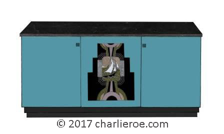 New Art Deco Skyscraper style lacquered 3 door sideboard cabinet cupboard with decorative Jazz Deco design painted panel