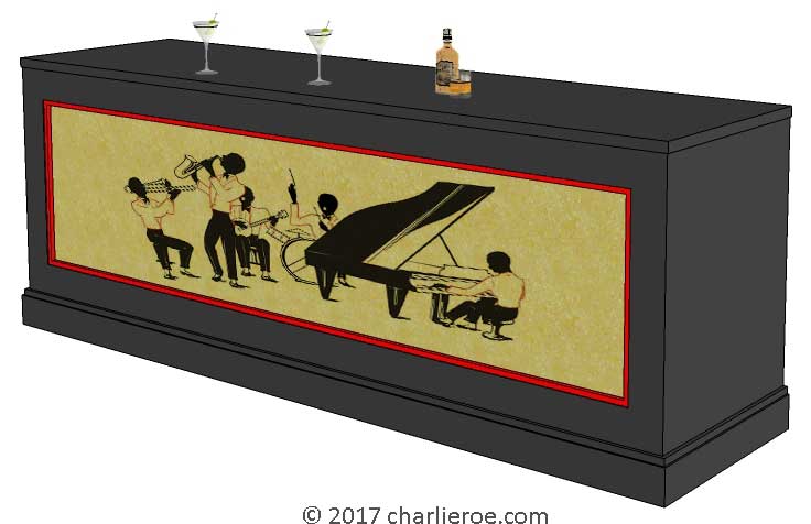 New Art Deco painted lacquered bar sideboard cabinet cupboard with Jazz band silhoutte design on the main panel