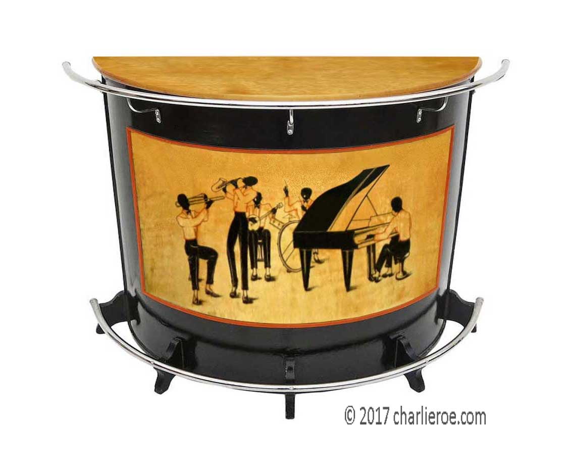 New Art Deco style painted semi-circular bar with Jazz figures on the door panels