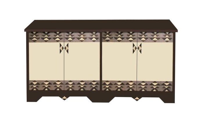 New Art Deco painted 4 door sideboard cabinet, with Mayan Deco designs on doors