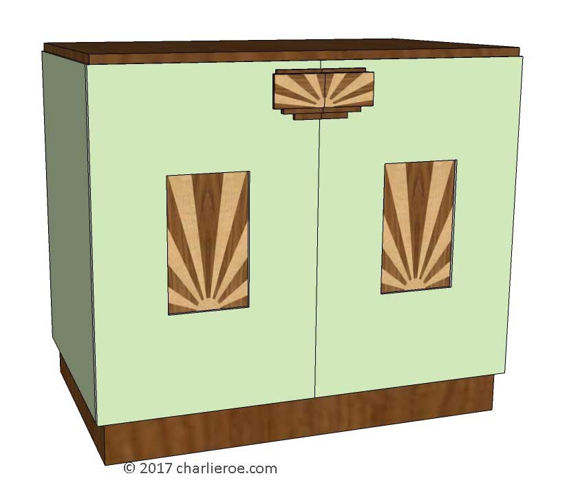 New Art Deco 2 door cabinet, cupboard, bar or sideboard, lacquered painted in KEM Weber colours, with veneered marquetry panels & handles