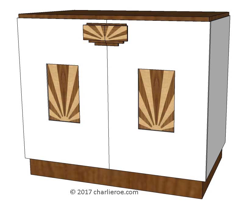 New Art Deco 2 door cabinet, cupboard, bar or sideboard, lacquered painted with veneered marquetry panels & handles