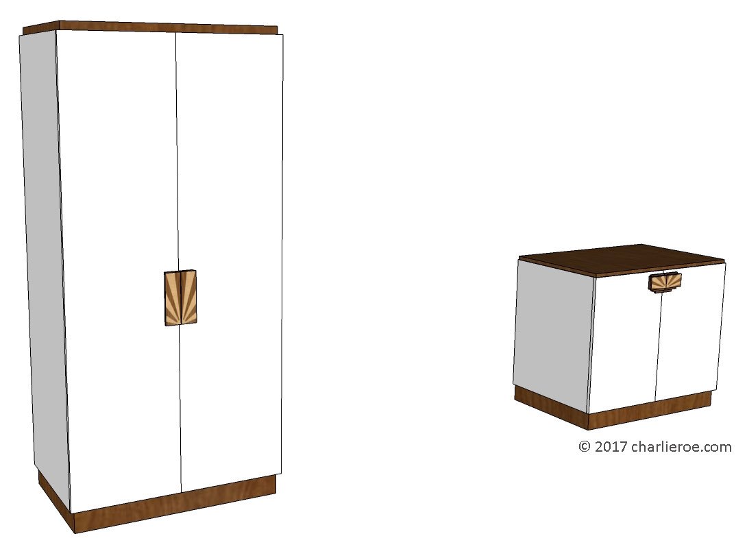 New Art Deco 2 door wardrobe & 2 door cupboard lacquered painted with veneered marquetry handles