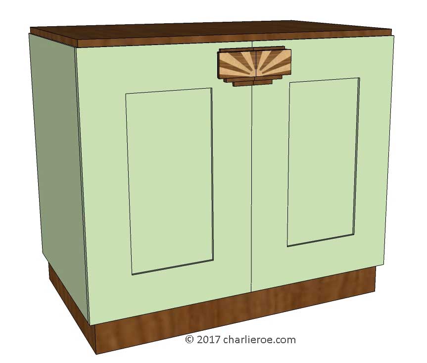 New Art Deco 2 door cabinet, cupboard, bar or sideboard, lacquered painted in KEM Weber colours, with veneered marquetry  handles