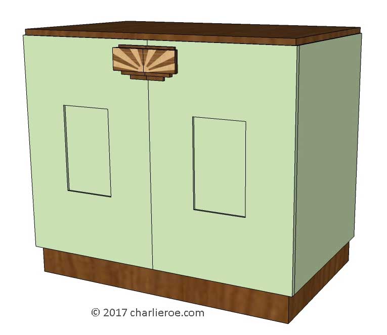 New Art Deco 2 door cabinet, cupboard, bar or sideboard, lacquered painted with veneered marquetry handles