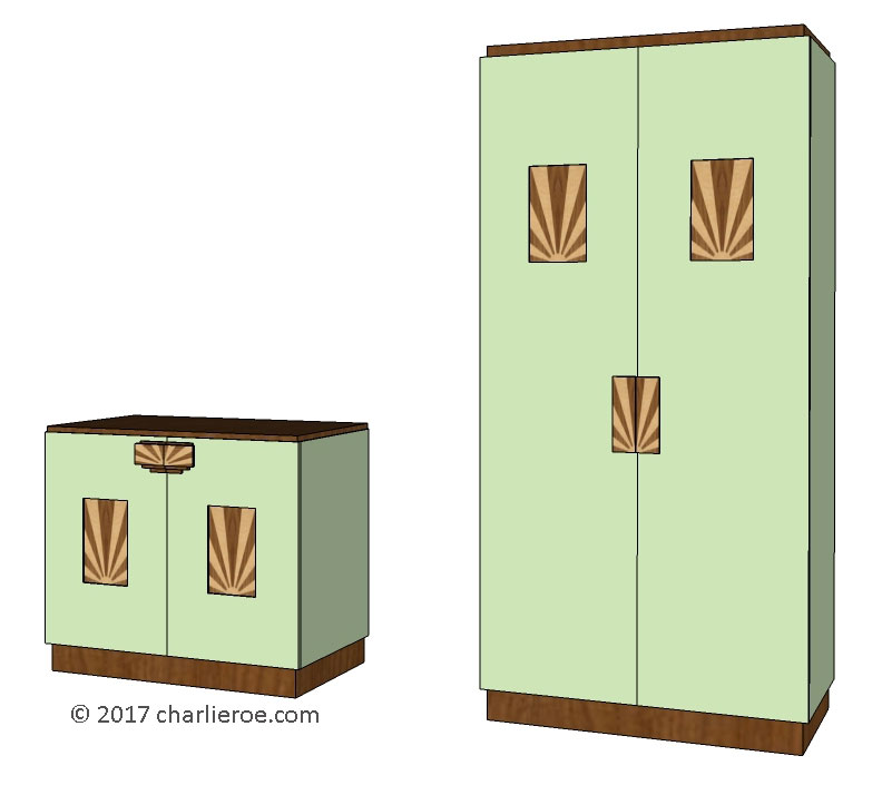 New Art Deco 2 door cabinet, cupboard, bar or sideboard, lacquered painted in KEM Weber colours, with veneered marquetry panels & handles