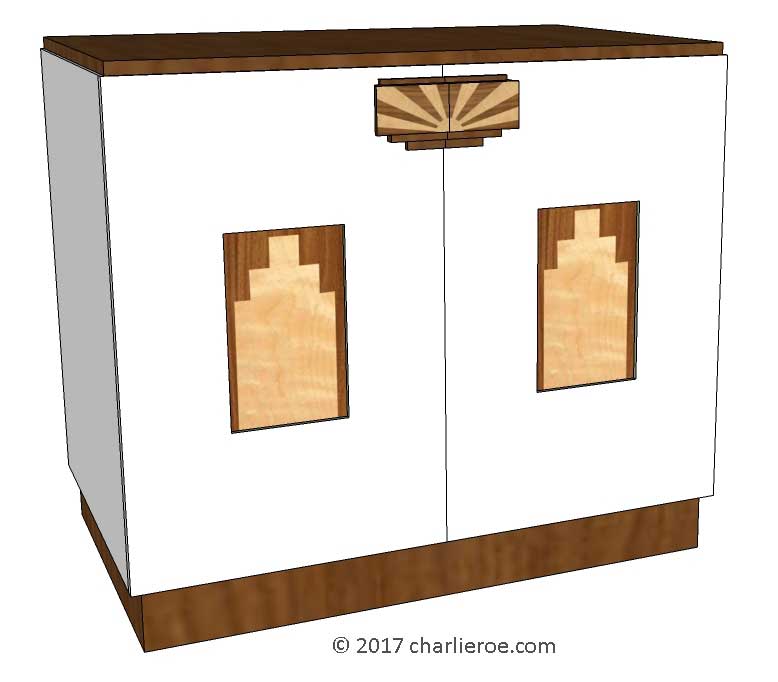 New Art Deco 2 door cabinet, cupboard, bar or sideboard & 2 door wardrobe lacquered painted with marquetry veneered panels & handles