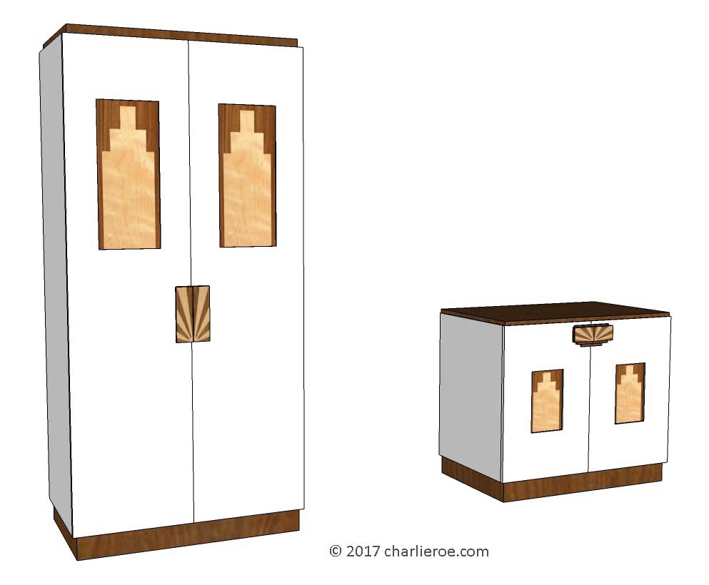 New Art Deco 2 door cabinet, cupboard, bar or sideboard & 2 door wardrobe lacquered painted with marquetry veneered panels & handles