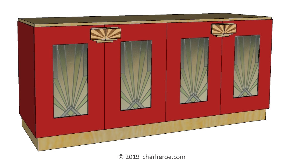 New Art Deco 4 door cabinet cupboard lacquered painted with Skyscraper style stained leaded glass panels & veneered marquetry handles
