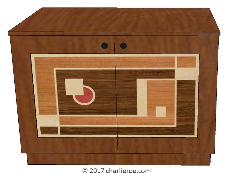 New Art Deco painted lacquered 2 door cabinet, cupboard, bar or sideboard with painted Cubist design door panels