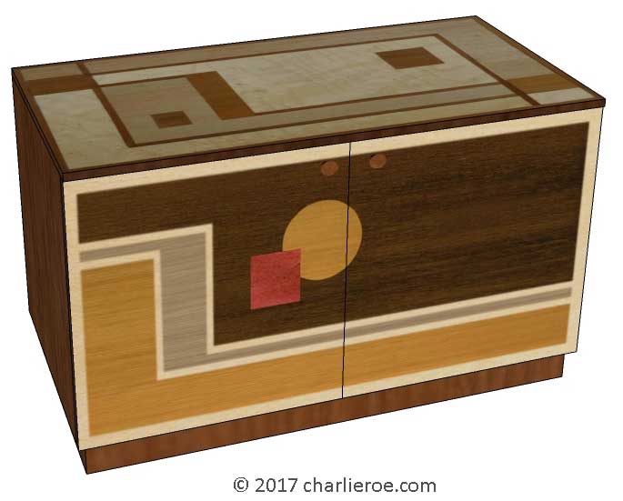 New Art Deco painted lacquered 2 door cabinet, cupboard, bar or sideboard with painted Cubist design door panels
