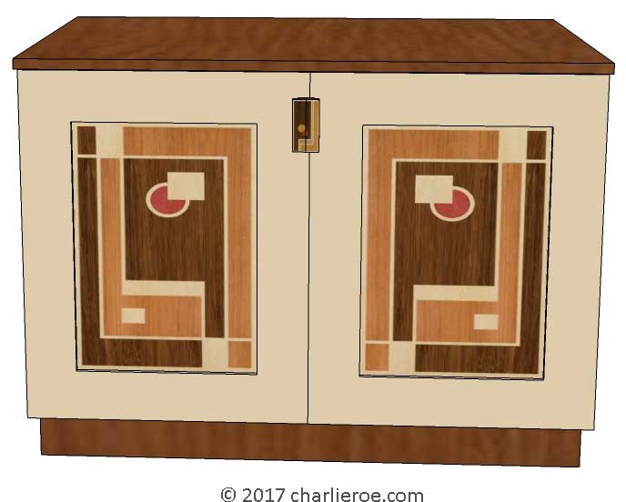 New Art Deco painted lacquered 2 door cabinet, cupboard, bar or sideboard with painted Cubist design door panels
