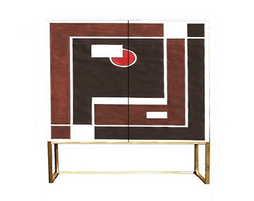New Art Deco painted lacquered 2 door cabinet, cupboard, bar or sideboard with painted Cubist design door panels on metal legs