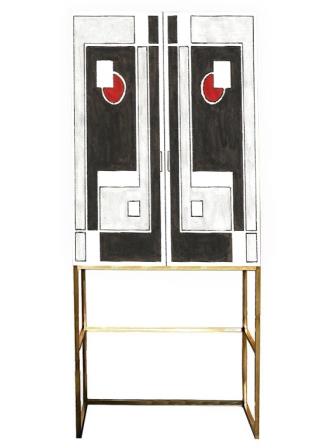 New Art Deco painted lacquered 2 door cabinet, cupboard, bar or sideboard with painted Cubist design door panels  on metal legs
