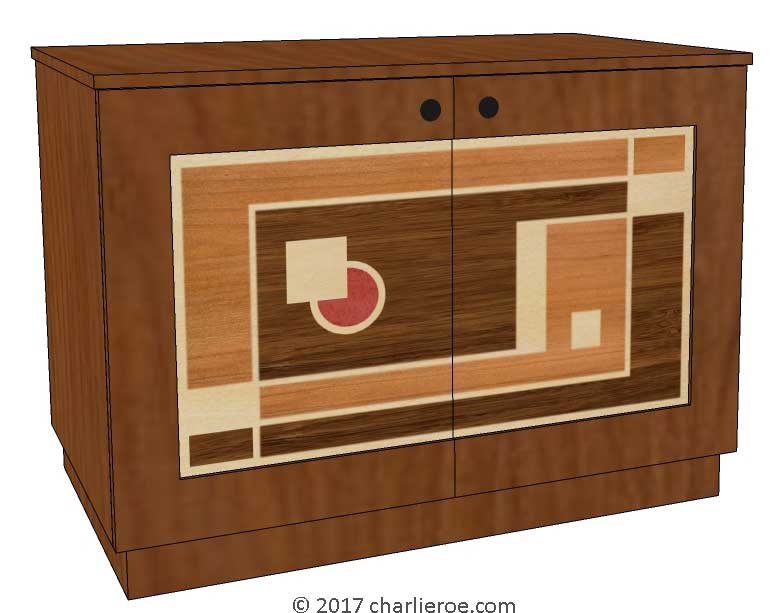 New Art Deco painted lacquered 2 door cabinet, cupboard, bar or sideboard with painted Cubist design door panels