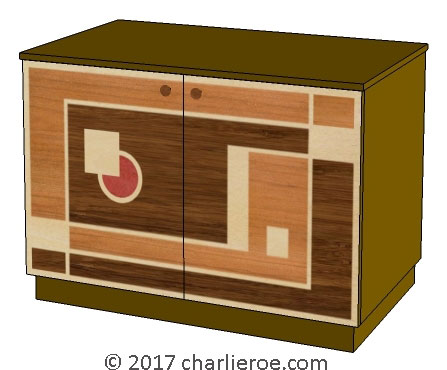 New Art Deco painted lacquered 2 door cabinet, cupboard, bar or sideboard with painted Cubist design door panels