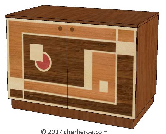 New Art Deco painted lacquered 2 door cabinet, cupboard, bar or sideboard with painted Cubist design door panels