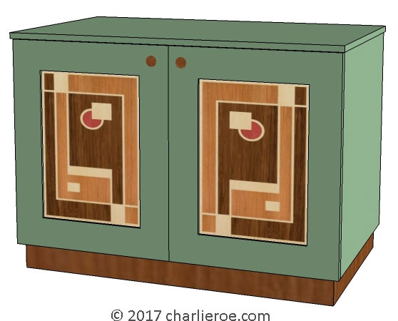 New Art Deco painted lacquered 2 door cabinet, cupboard, bar or sideboard with painted Cubist design door panels