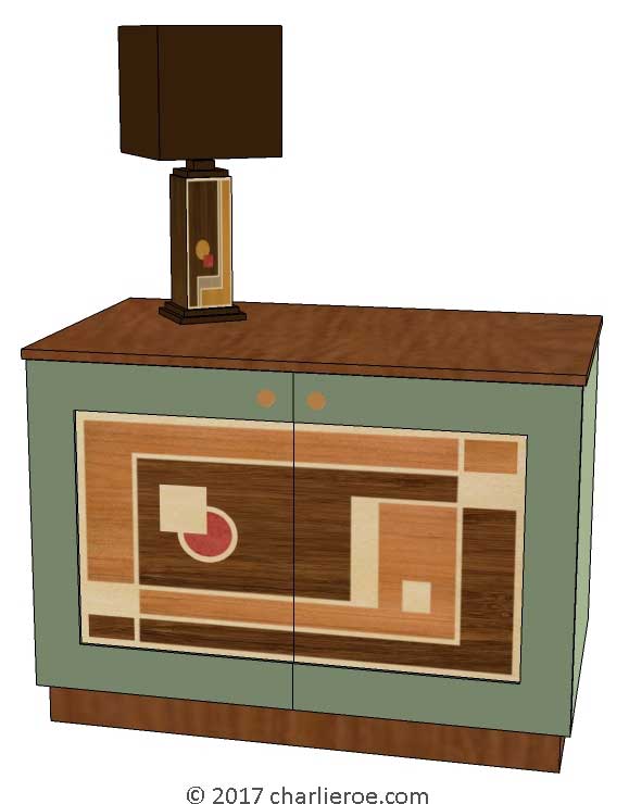 New Art Deco painted lacquered 2 door cabinet, cupboard, bar or sideboard with painted Cubist design door panels