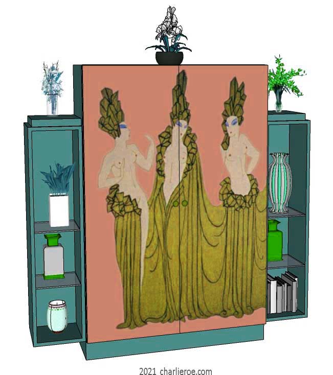 New Art Deco 2 door display cabinet cupboard with Erte inspired painted door panels