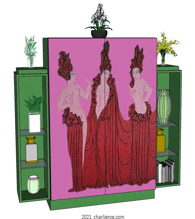 New Art Deco 2 door display cabinet cupboard with Erte inspired painted door panels