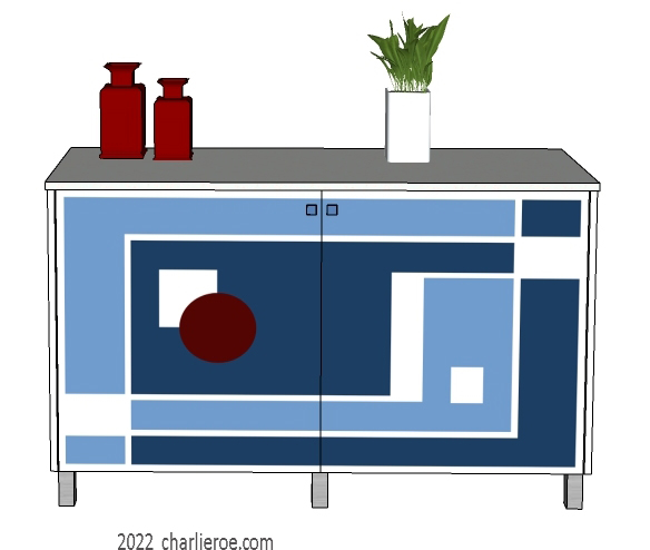 New Art Deco painted lacquered 2 door cabinet, cupboard, bar or sideboard with painted Geometric design door panels