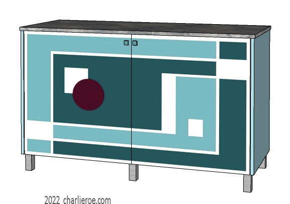 New Art Deco painted lacquered 2 door cabinet, cupboard, bar or sideboard with painted Geometric design door panels