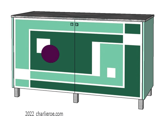 New Art Deco painted lacquered 2 door cabinet, cupboard, bar or sideboard with painted Geometric design door panels