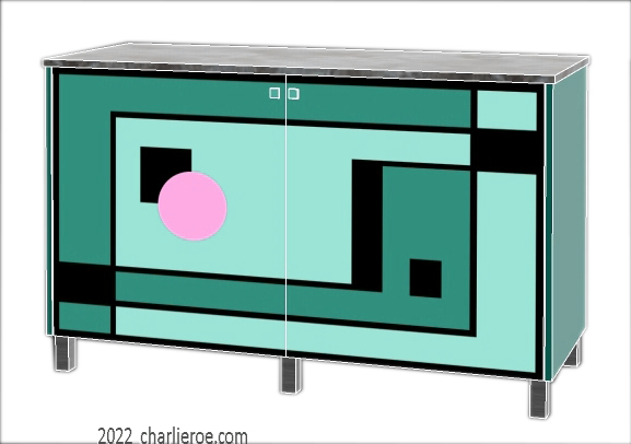New Art Deco painted lacquered 2 door cabinet, cupboard, bar or sideboard with painted Geometric design door panels