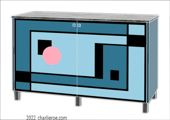 New Art Deco painted lacquered 2 door cabinet, cupboard, bar or sideboard with painted Geometric design door panels