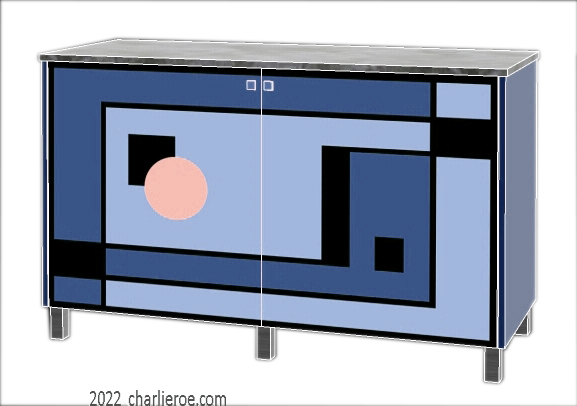 New Art Deco painted lacquered 2 door cabinet, cupboard, bar or sideboard with painted Geometric design door panels