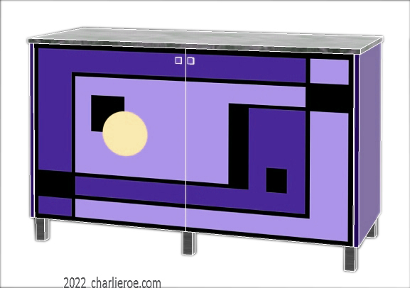 New Art Deco painted lacquered 2 door cabinet, cupboard, bar or sideboard with painted Geometric design door panels