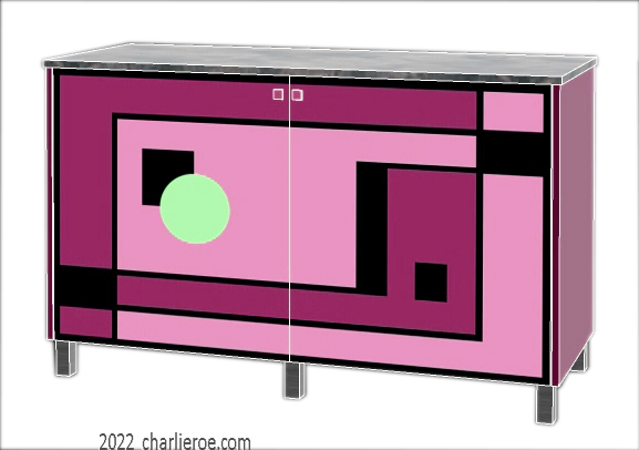 New Art Deco painted lacquered 2 door cabinet, cupboard, bar or sideboard with painted Geometric design door panels