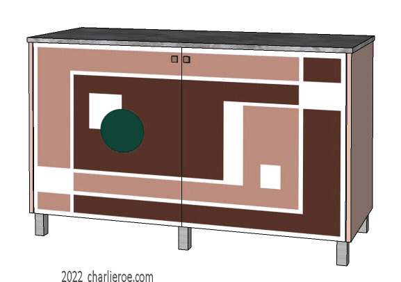 New Art Deco painted lacquered 2 door cabinet, cupboard, bar or sideboard with painted Geometric design door panels