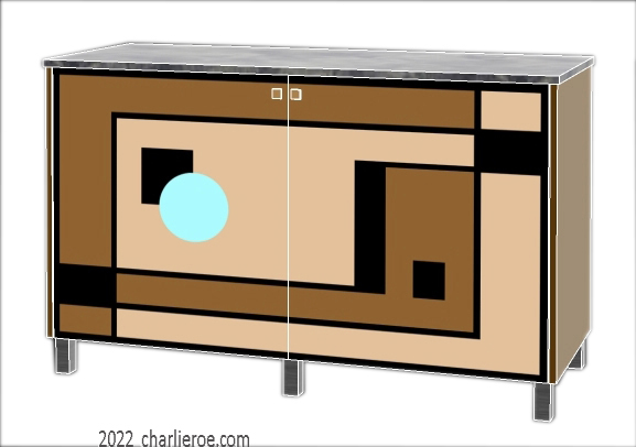 New Art Deco painted lacquered 2 door cabinet, cupboard, bar or sideboard with painted Geometric design door panels