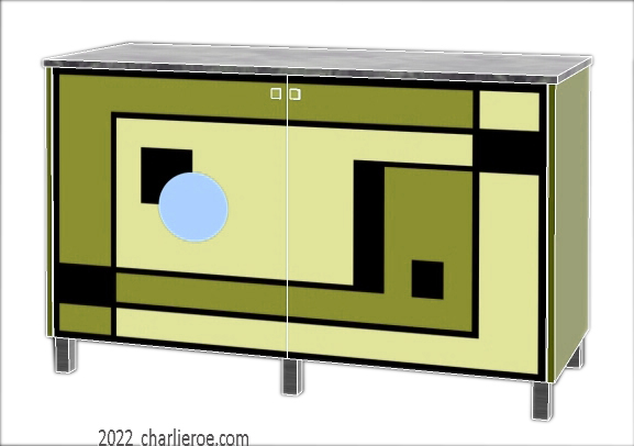 New Art Deco painted lacquered 2 door cabinet, cupboard, bar or sideboard with painted Geometric design door panels
