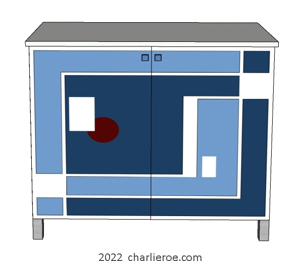 New Art Deco painted lacquered 2 door cabinet, cupboard, bar or sideboard with painted Geometric design door panels