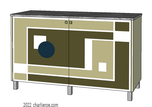 New Art Deco painted lacquered 2 door cabinet, cupboard, bar or sideboard with painted Geometric design door panels