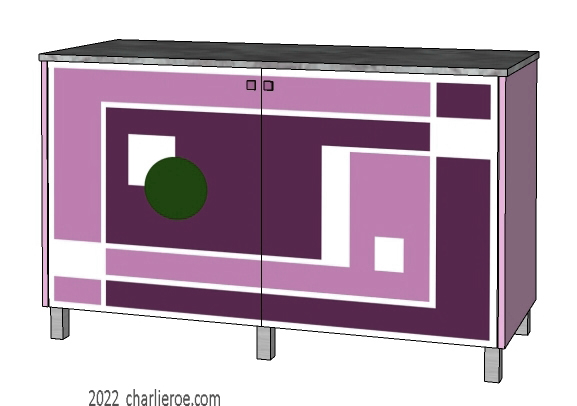 New Art Deco painted lacquered 2 door cabinet, cupboard, bar or sideboard with painted Geometric design door panels